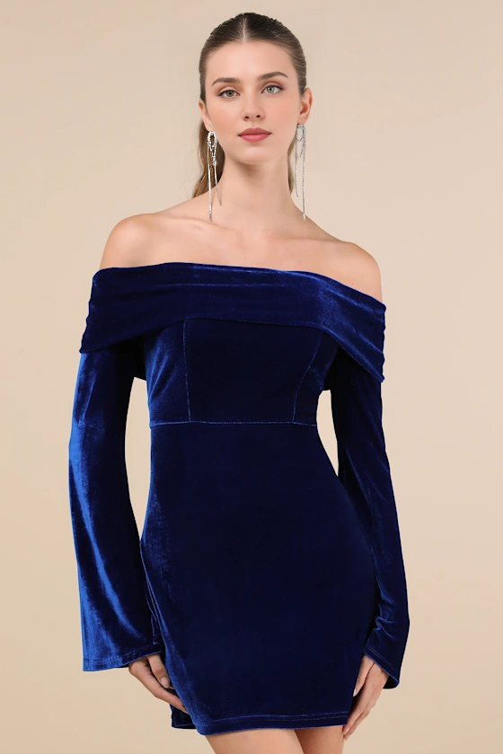 Vestidos formales Weitese para mujer, glamurosos y seductores, de terciopelo azul oscuro, con hombros descubiertos y mangas largas, en tiendas de vestidos de fiesta.